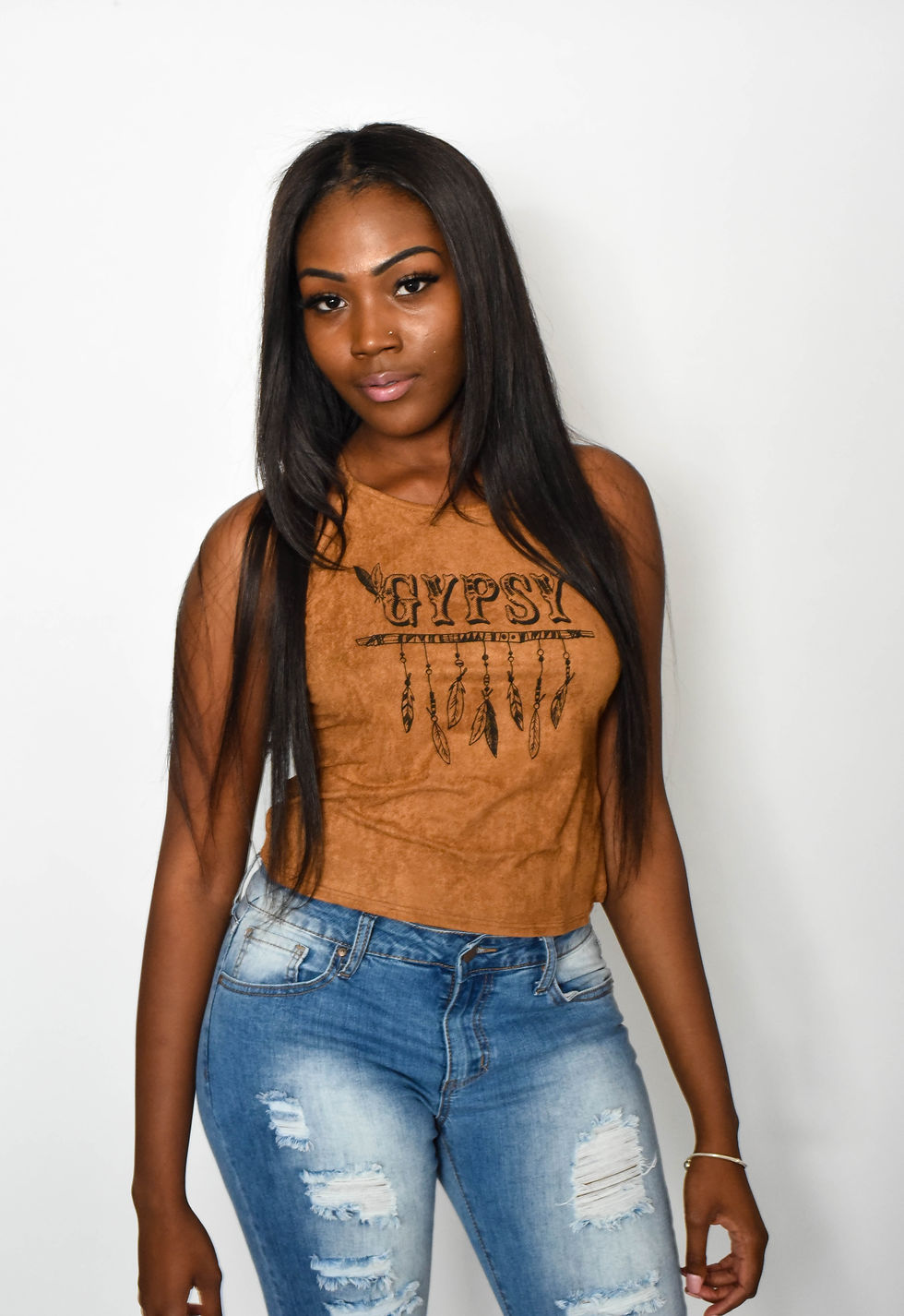 Thumbnail: Brown Tan Suede Velvet Gypsy Crop Top Shirt