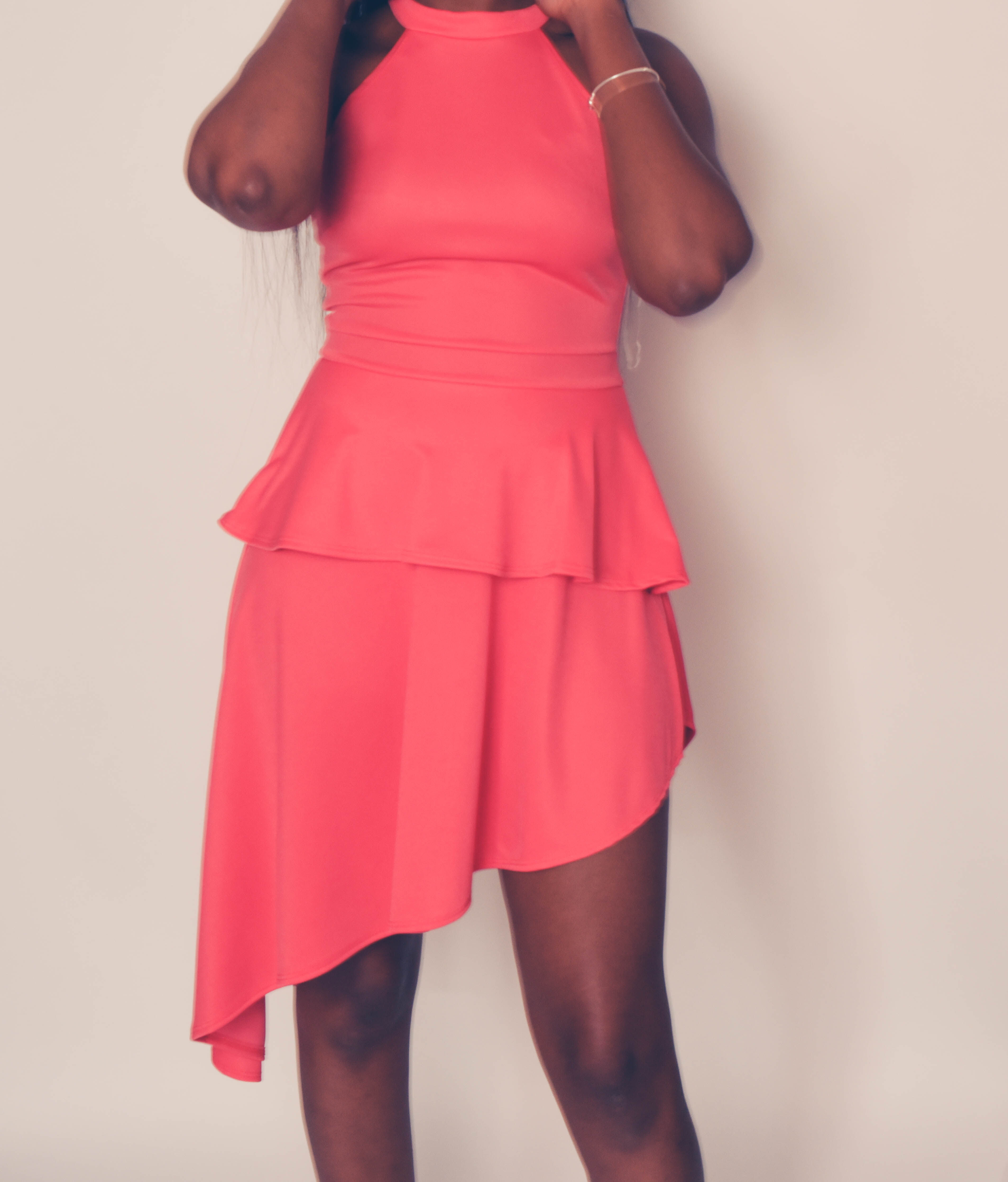 Pink high neck Asymetrical Skater Dress