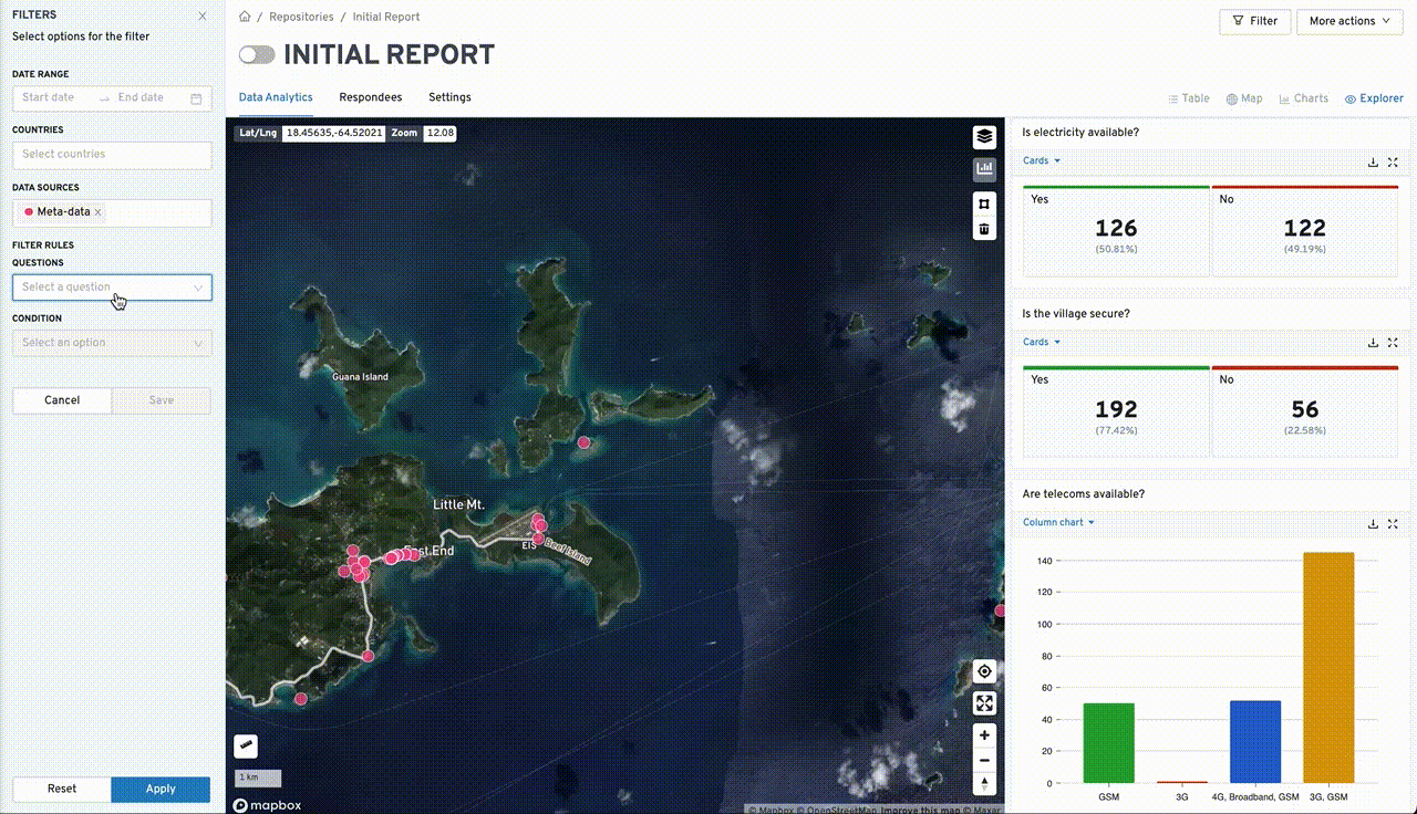 An animated image of the analytical and geospatial module of ExInsight.