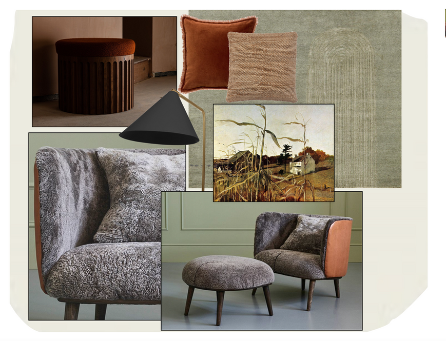 2D interior design visual which is inspired by a painting by artist Andrew Wyeth.  In the visual is this piece of art which shows a field and small house in the background all in autumnal shades.  Also illustrated is a mid century modern chair with a leather back and textured seat in grey and a matching footstool.  Also included is a contemporary stool in dark brown wood with a rust velvet seat, a green rug with an arch pattern that matches the pattern of the wood on the aforementioned footstool as well as a midcentury modern floor lamp and two rust coloured cushions. 