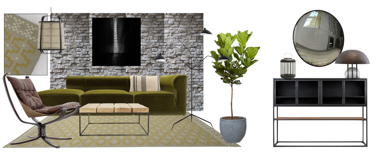 A 2d interior design visual illustrating an industrial lounge with a green velvet sofa, vintage armchair, rustic wood coffee table with metal legs, mid century modern floor lamp and contrasting yellow geometric rug.  Accessories include a large piece of artwork which is a photograph of a set of stairs, a large concave mirror and large fig tree in concrete planter. 