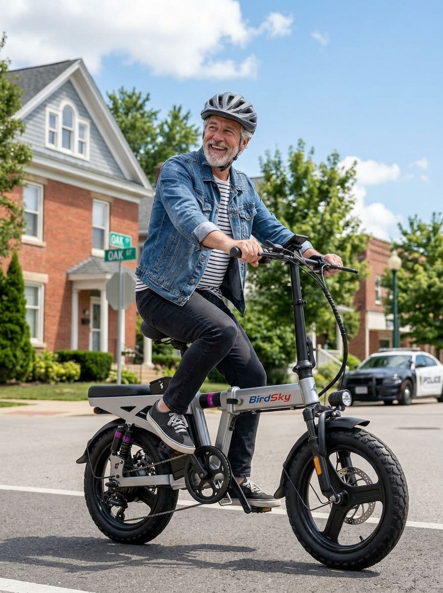 Adult rider on BirdSky folding electric bike on city street