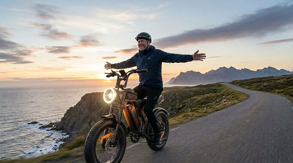 Rider on BirdSky fat tire electric bike by the seaside