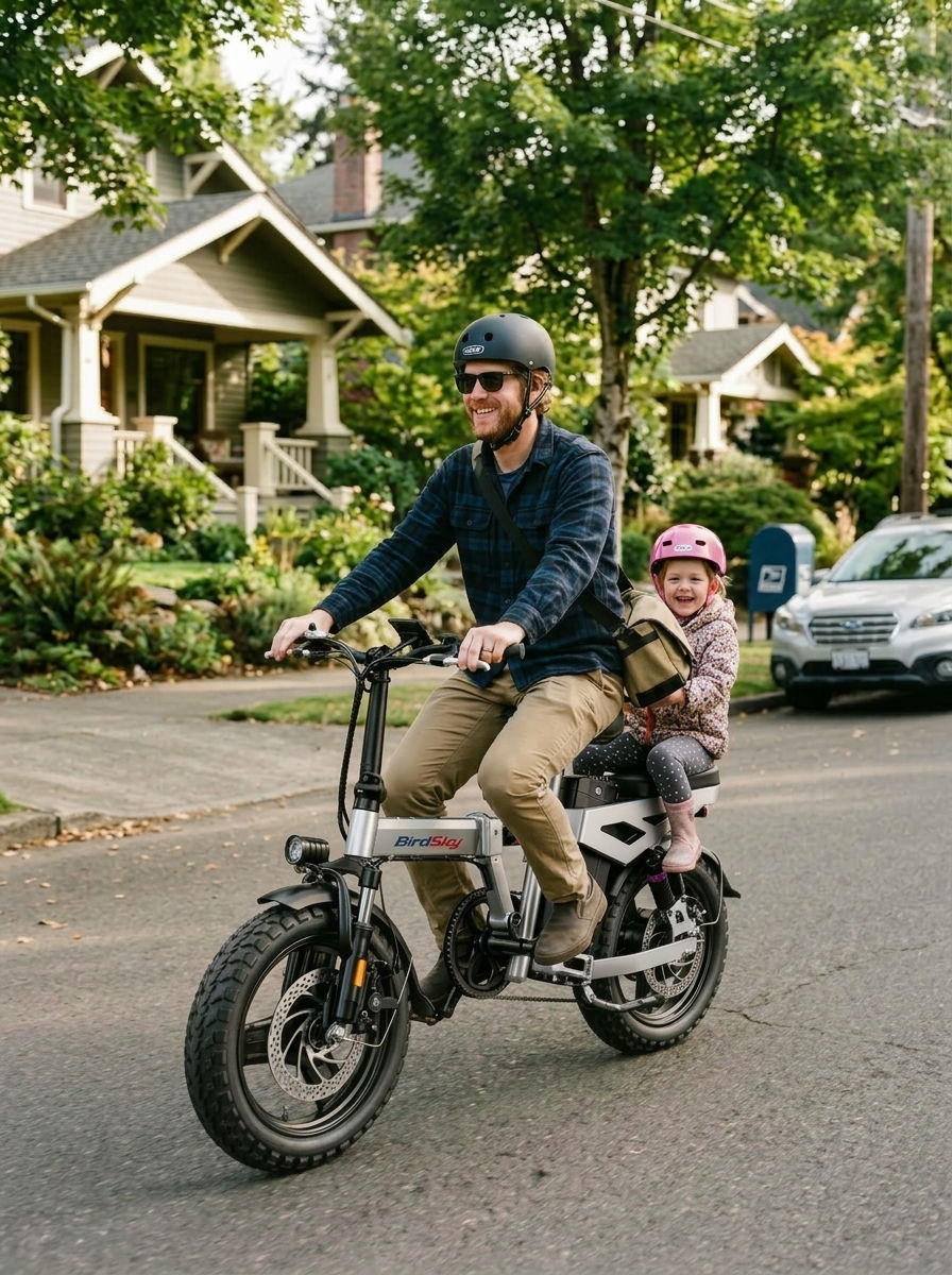 Parent riding BirdSky folding electric bike with child on the way to school