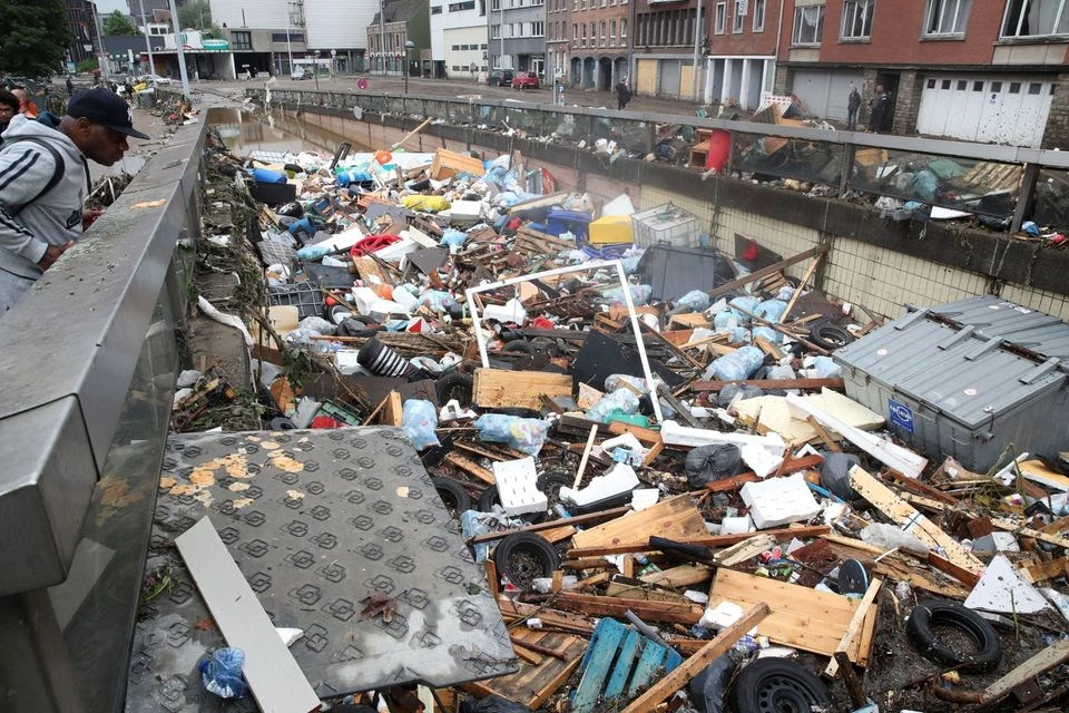 Wreckage flowing through the course of the river Verviers, Belgium, July 16, 2021.