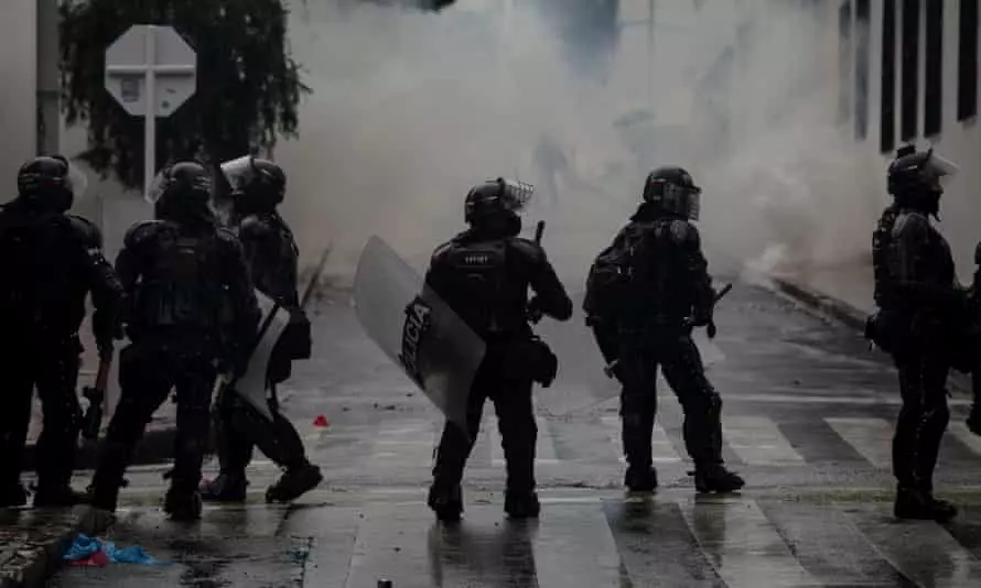 Riot police during demonstrations in Bogota.
