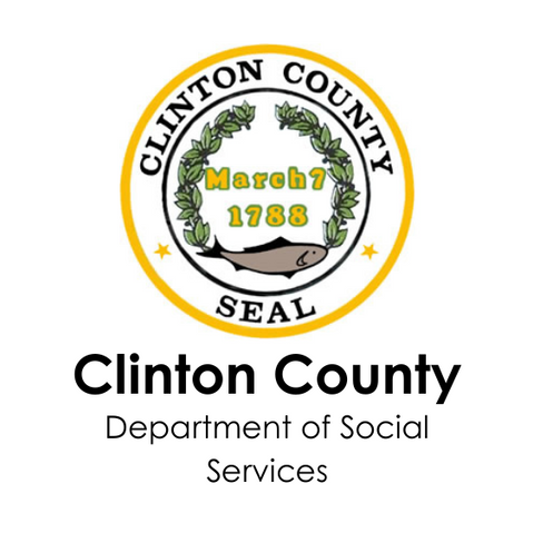 Seal of Clinton County. Text says Clinton County Department of Social Services New York