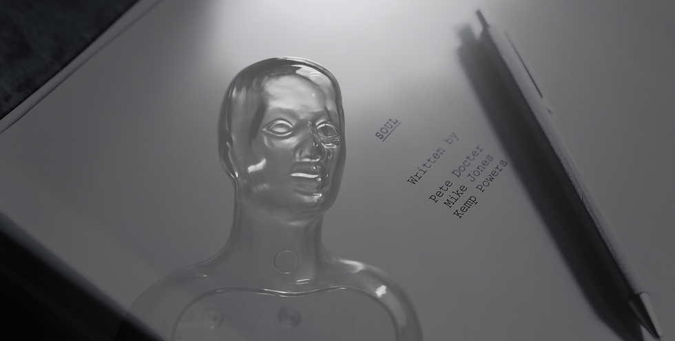 Image of a script for a movie called "soul" with a mannequin superimposed over it.