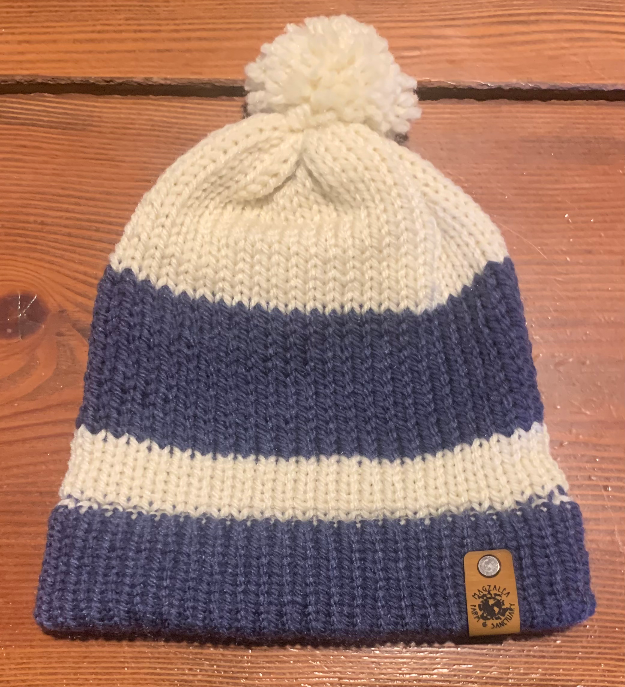Handmade Blue and white striped, Cotton Slouchy Pom Pom hat