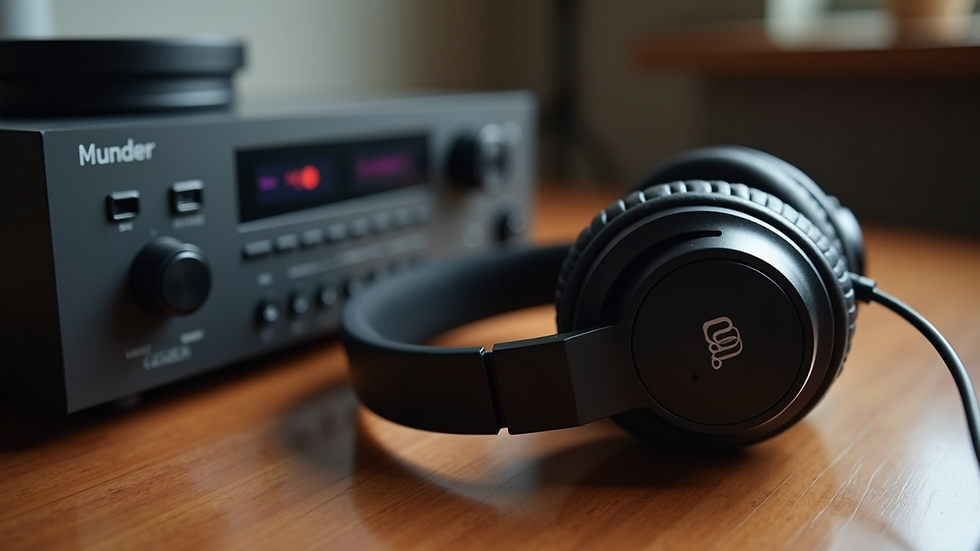 High angle view of headphones resting on a wooden table next to a music player