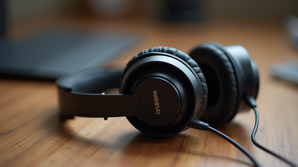 Eye-level view of headphones resting on a wooden table