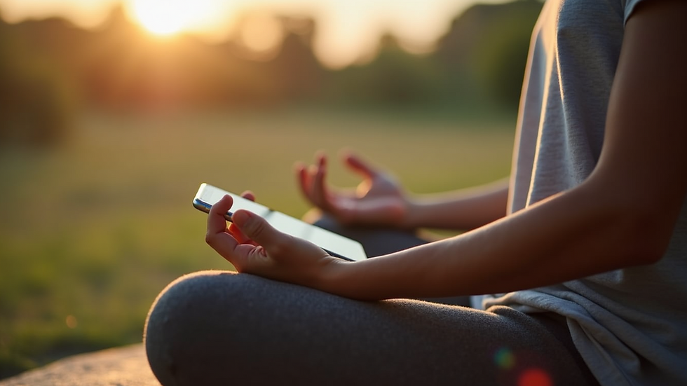 Close-up view of a person meditating with a smartphone nearby