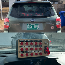 LED sign for back of car control box and example in window