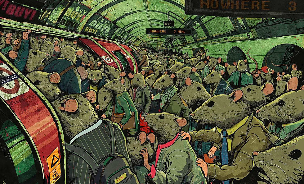 Steve Cutts drawing with several humanized rats on a subway