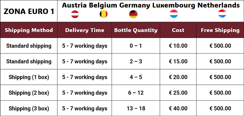 Shipping Cost Table Eurozone 1: Austria, Belgium, Germany, Luxembourg, Netherlands, Standard Shipping 5-7 days, Free Shipping over €500 to Cart
1 Bottle €10
2-3 Bottles €15
4-5 Bottles €20
6-12 Bottles €25
13-18 Bottles €40