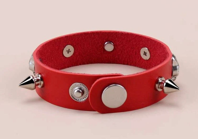 Thumbnail: Red Leather Look PU Studded Bracelet with Skulls