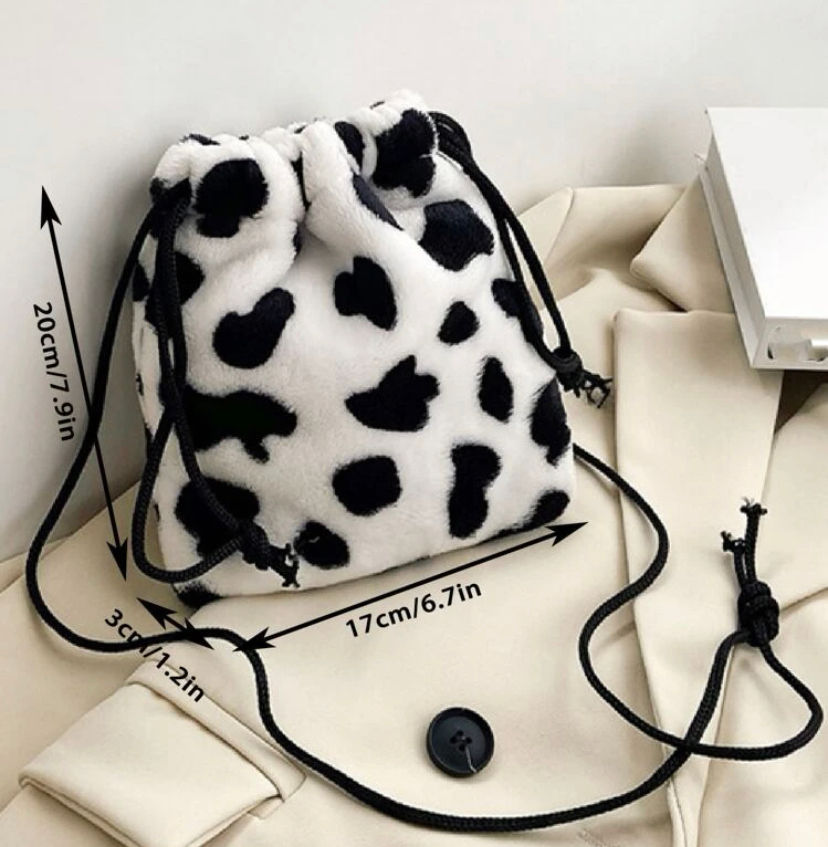 Thumbnail: Mini Cow Print Fluffy Cross Body Drawstring Bag