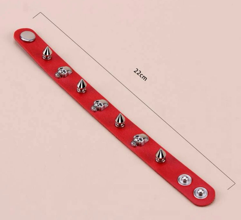 Thumbnail: Red Leather Look PU Studded Bracelet with Skulls