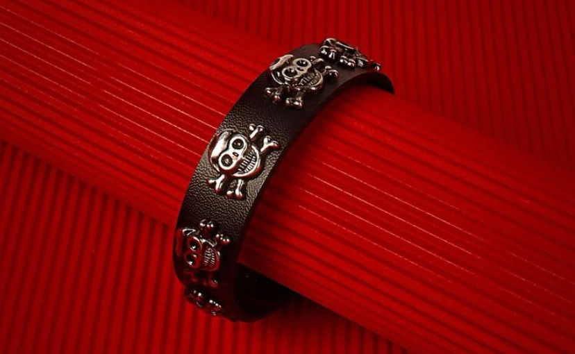 Thumbnail: Black Leather Look PU Skull Bracelet