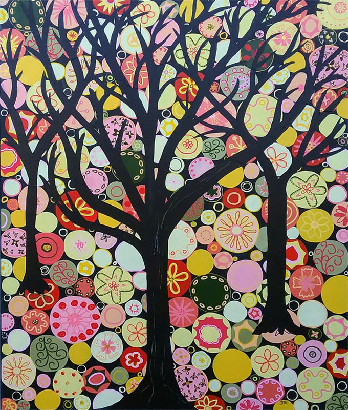 Thumbnail: mille fiore autumn painting of three tree silhouettes on colorful circle background
