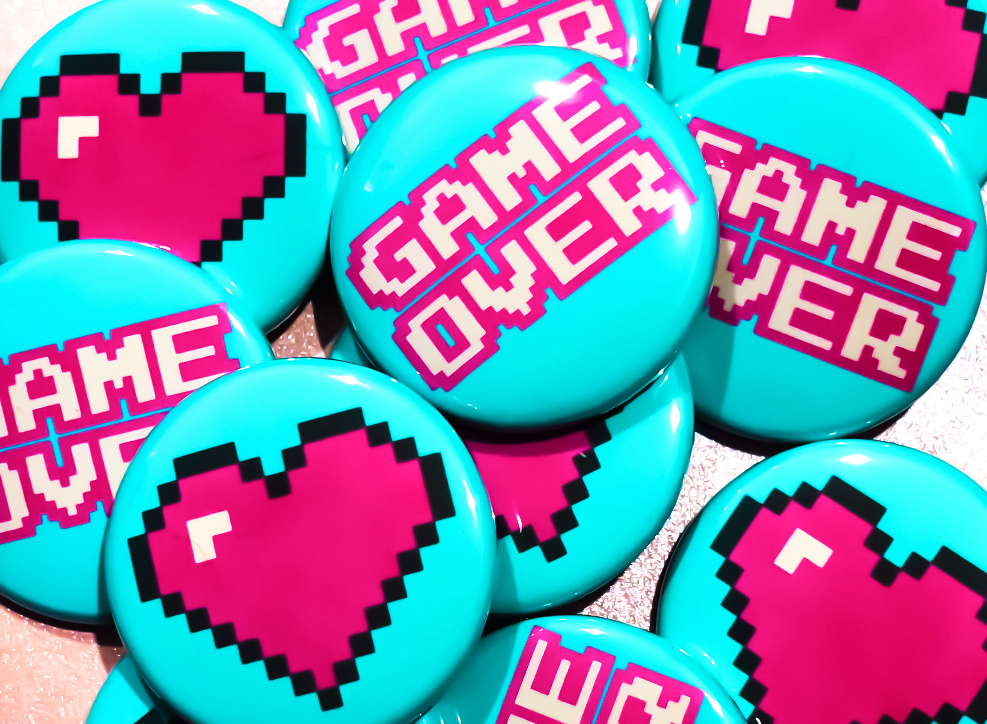 Retro Gamer 1.5 Inch Pinback Buttons | Pixel Heart and Game Over Badges