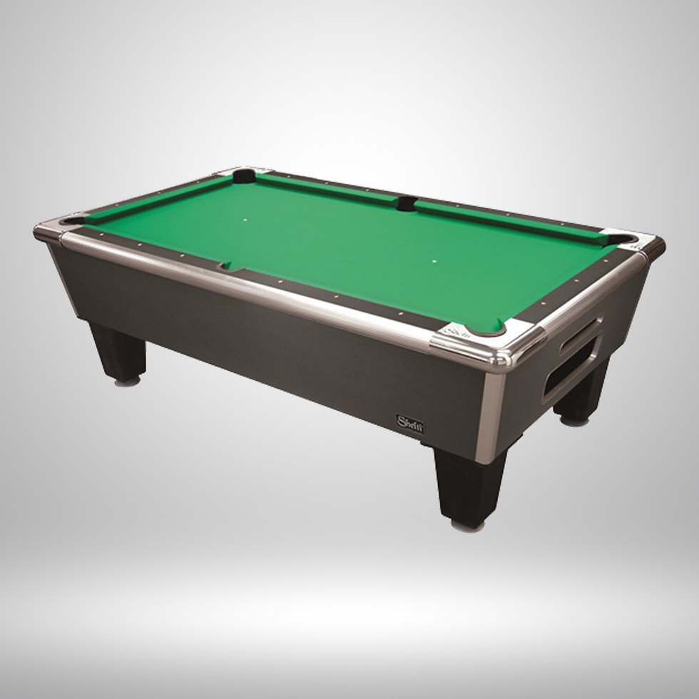 Black pool table with silver accents and green playfield