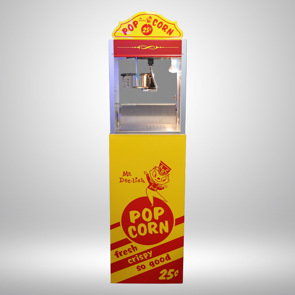 Red and yellow popcorn machine with Mr. Deelish graphics on bottom