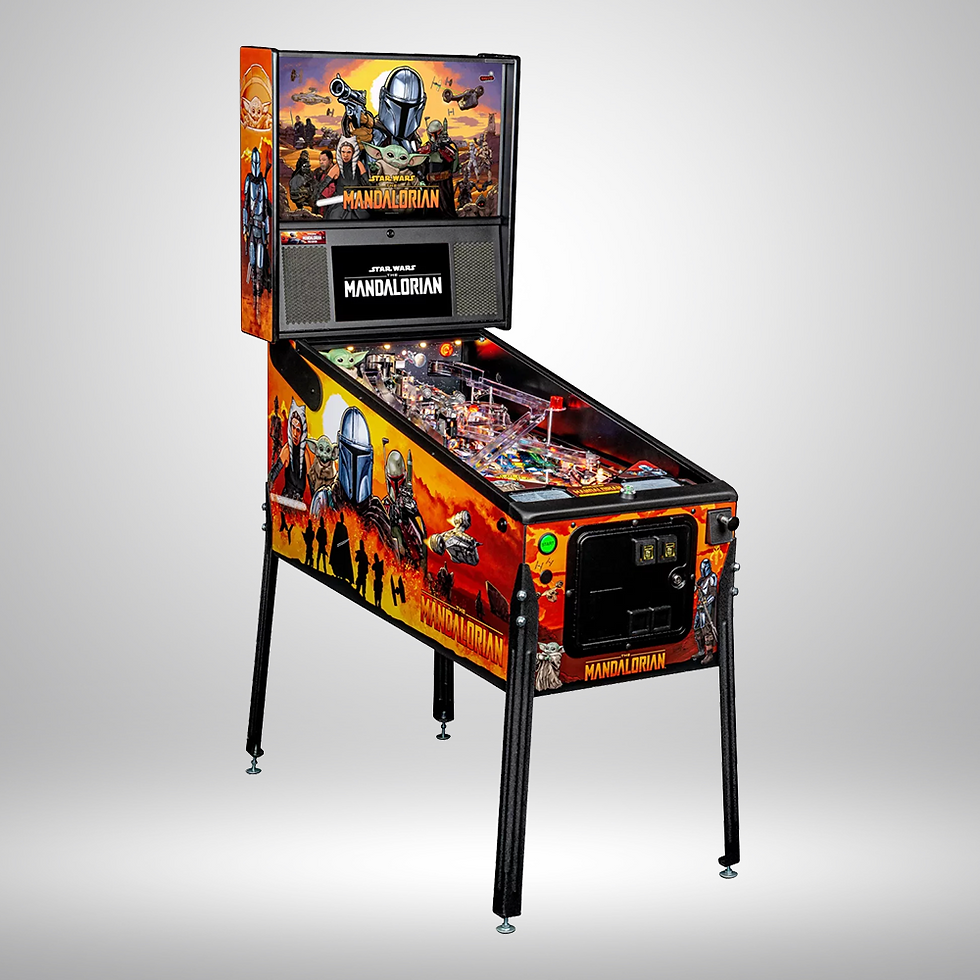 Thumbnail: Pinball machine facing the right with The Mandalorian Premium graphics and logo