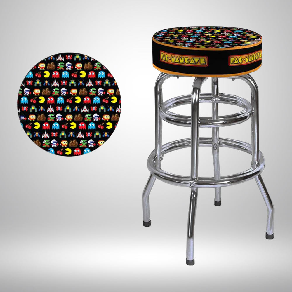 30" tall barstool with arcade characters on top and Pac-Mancave logo around the edge