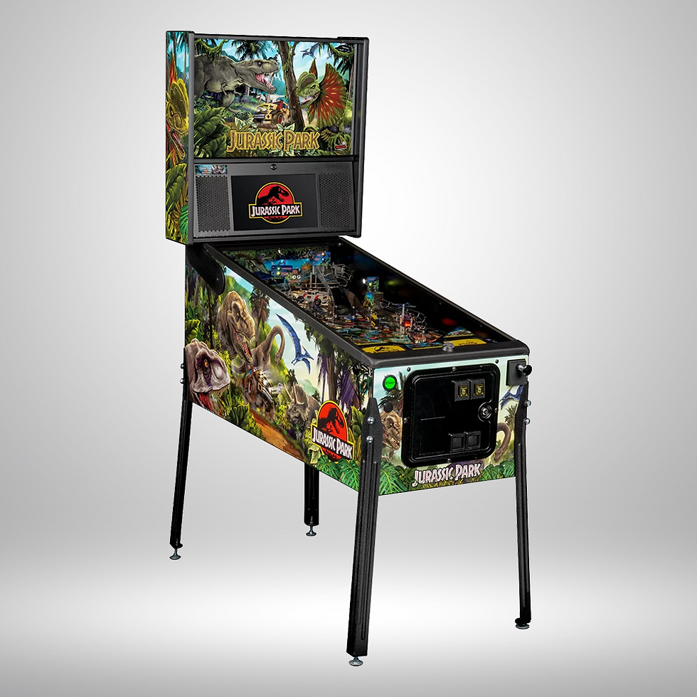 Thumbnail: Pro pinball machine facing the right with dinosaurs and Jurassic Park logo