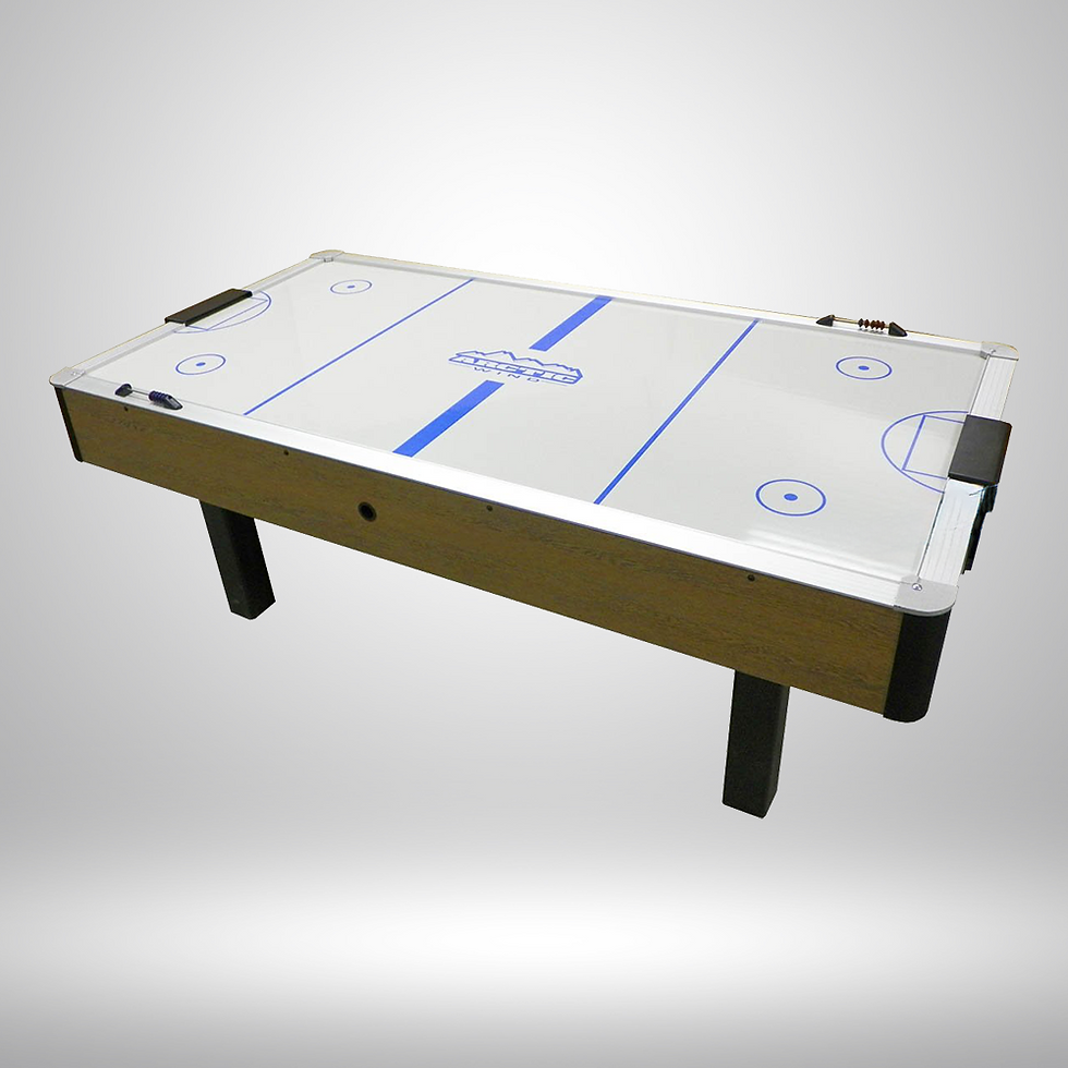 Wood stain air hockey table with black legs and white playfield