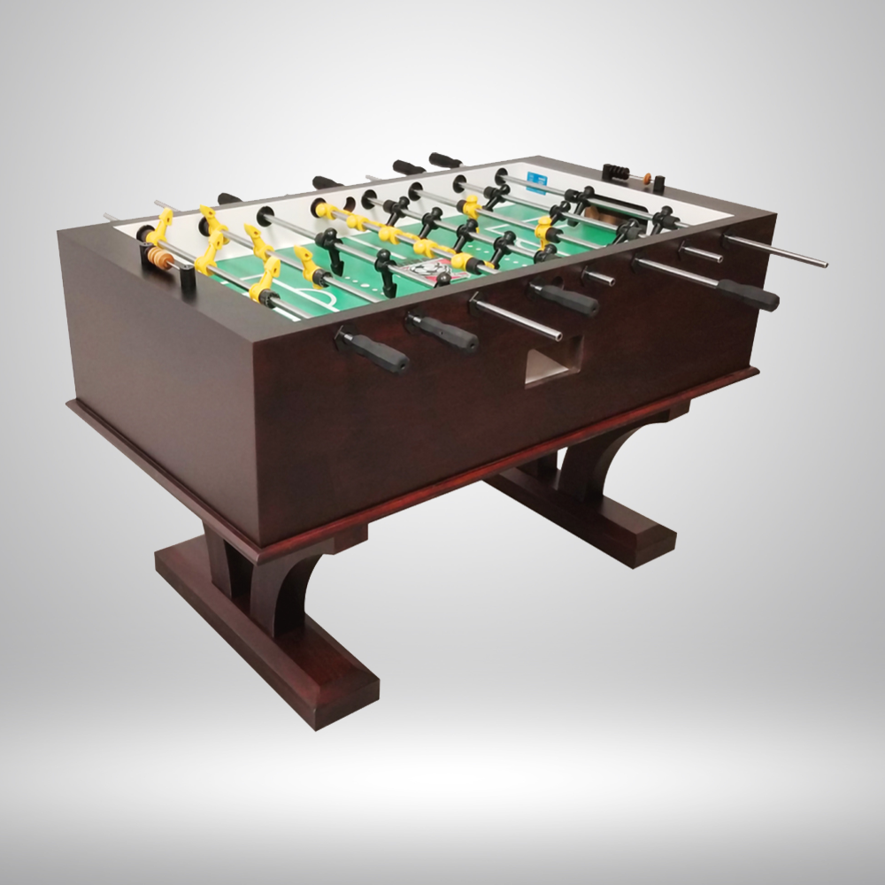 Dark wood foosball table with arched supports