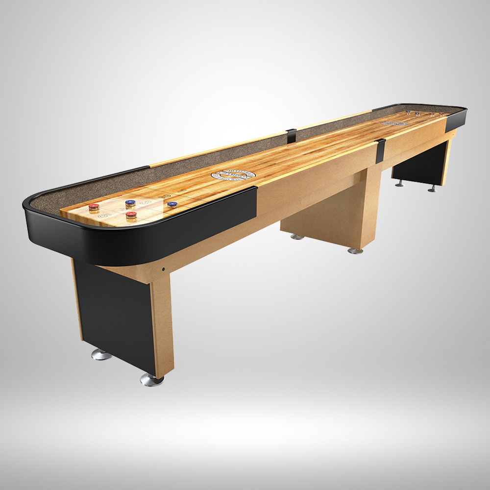 Light wood shuffleboard table with black accents
