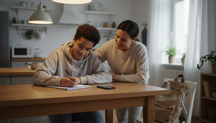 Eye-level view of a teen writing a safety plan in a notebook beside a trusted adult