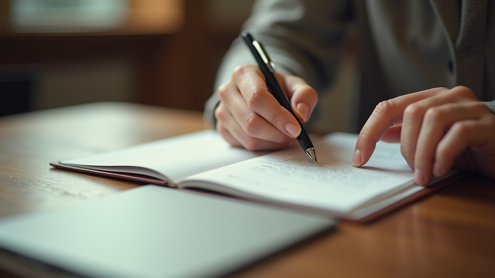 Vista a nivel de escritorio con cuaderno abierto y bolígrafo listo para escribir