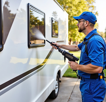 Techniker in blauer Uniform reinigt Wohnmobilfenster außen