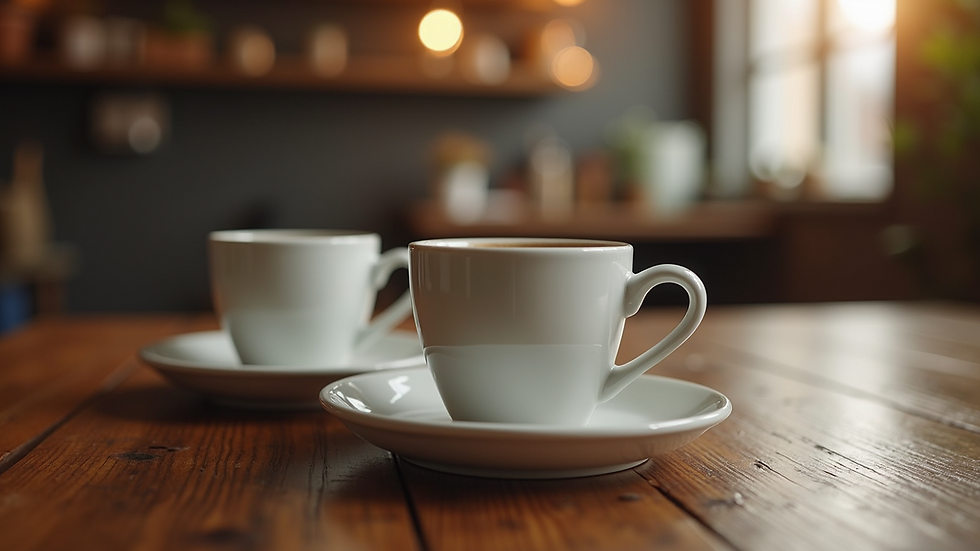 Eye-level view of roasted coffee cups on a wooden table