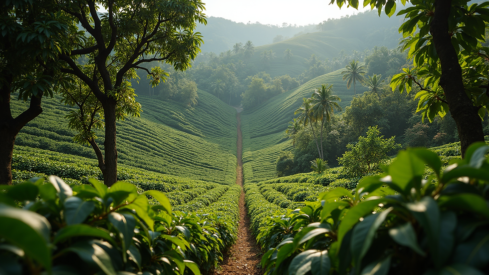 High angle view of a lush coffee plantation with shade trees