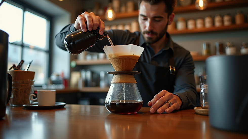 Eye-level view of a barista preparing pour-over coffee