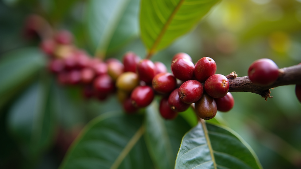 Close-up view of ripe coffee cherries on a branch
