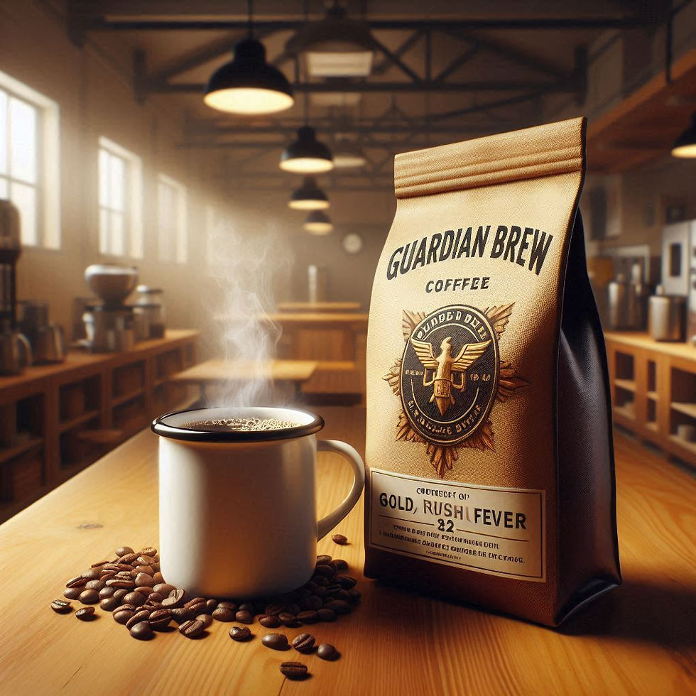 "Guardian Brew coffee from Gold Rush Fever in sleek, eco-friendly packaging, emphasizing its robust, small-batch quality."
