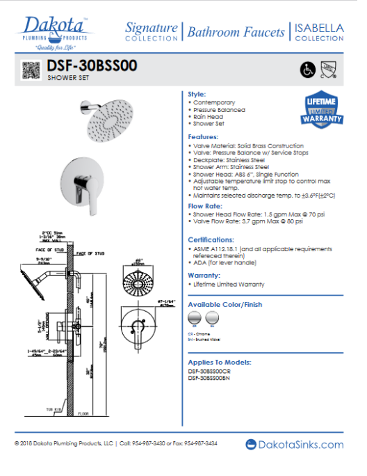 DSF-30BSS00CR (Chrome Finish) Shower Fixture Diagram