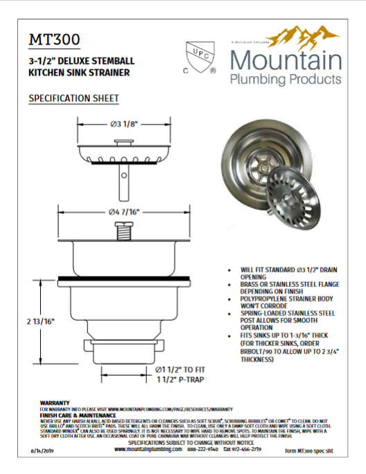 Thumbnail: MT300-BRN Brushed Nickel Sink Strainer Stainless Steel Spring-Loaded Center Post
Polypropylene body Diagram