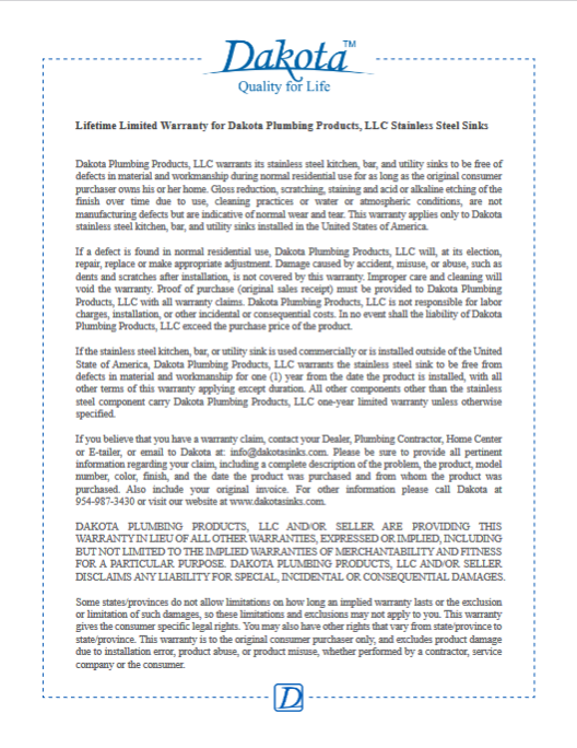 DSF-08KPO00BN (Brushed Nickel Finish) Pull Out Faucet Warranty