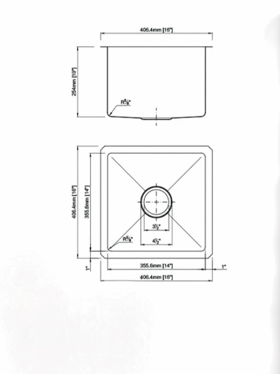 Single Bowl Stainless Sink 16x16 Diagram