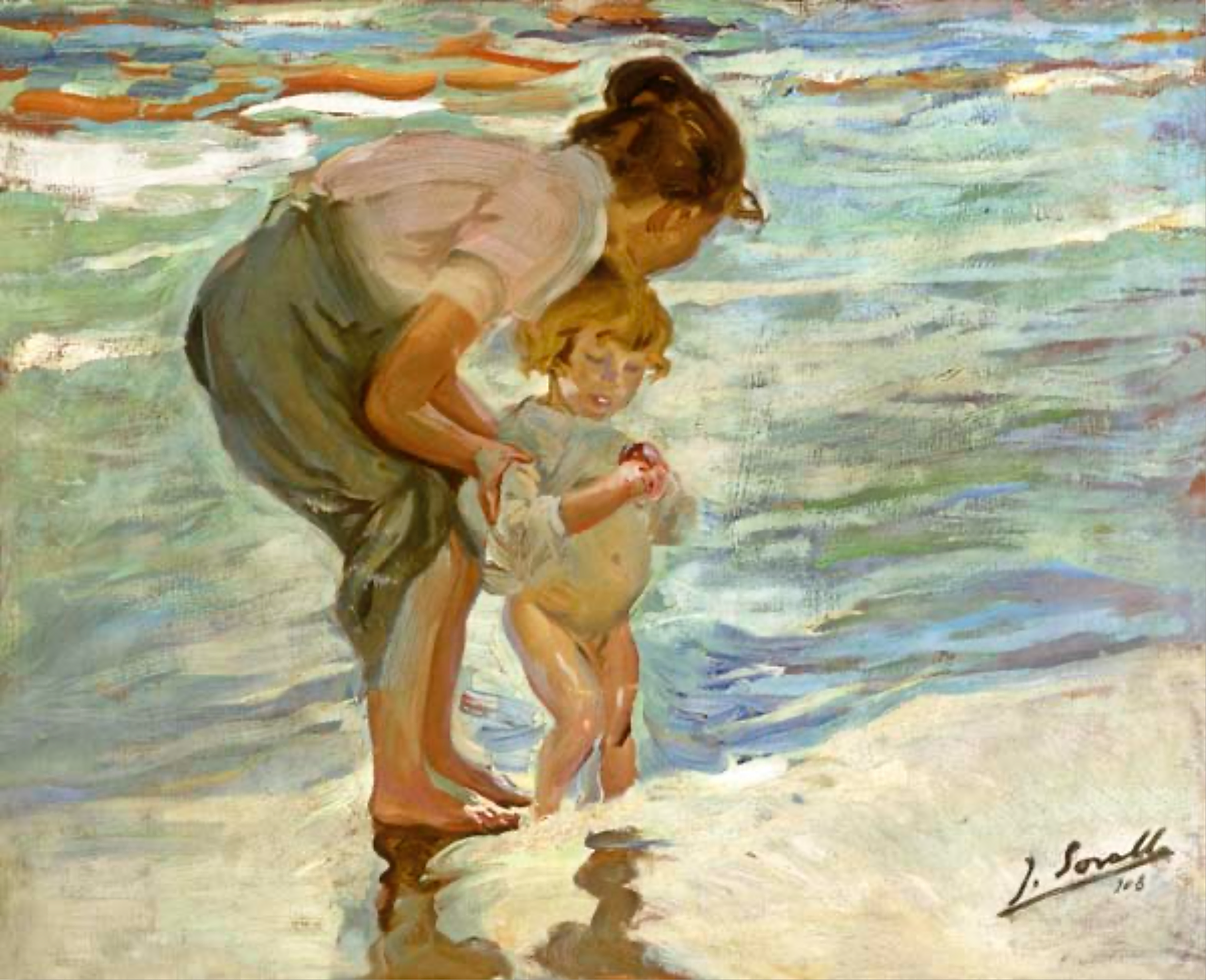 Joaquin Sorolla (1863 - 1923), Style Post-impressionnisme. Oeuvre Mère et enfant sur la plage. (1908) Exposition Christie's New York