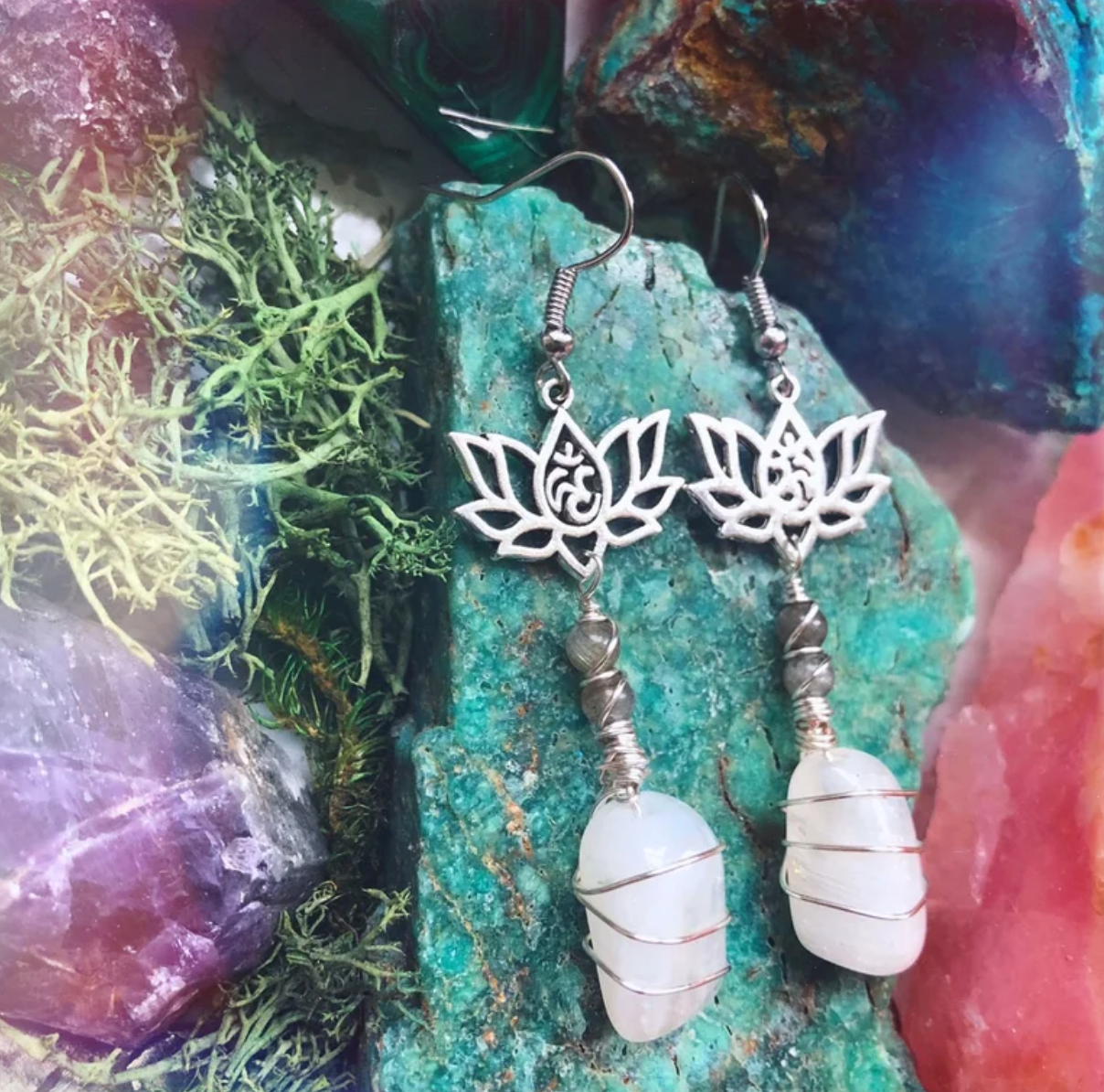 "Flora Mystica" Rainbow Moonstone, Labradorite, Lotus Earrings