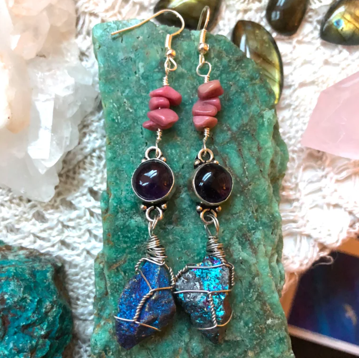 "Astral Soaring" Peacock Ore, Amethyst & Rhodonite Earrings
