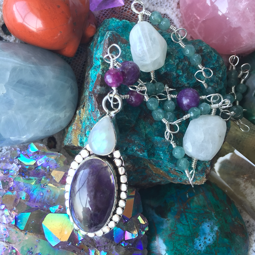 Thumbnail: "Ultra Lightbeam" Amulet - Aquamarine, Rainbow Moonstone, Amethyst, Lepidolite