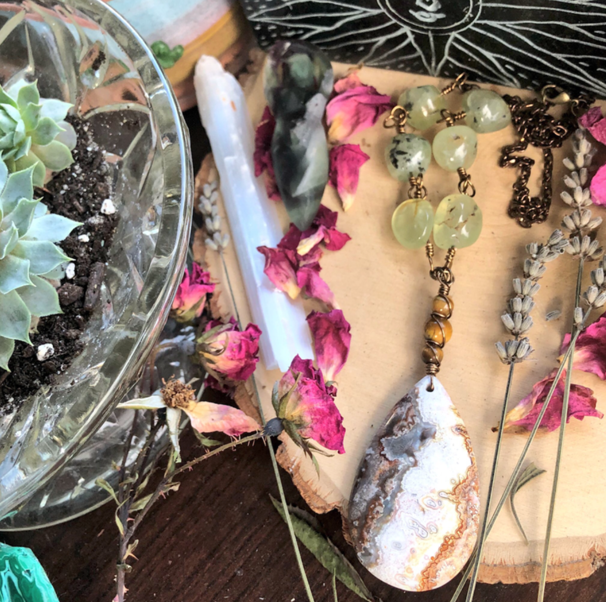 "Goddess of Gaia" Crazy Lace Agate, Prehnite + Tiger's Eye Necklace